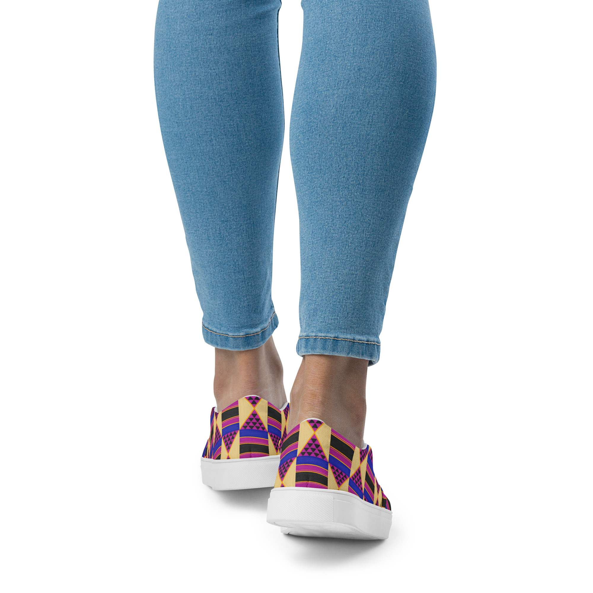 Purple, Blue and Tan African Print Women’s slip-on canvas shoes - Image 2