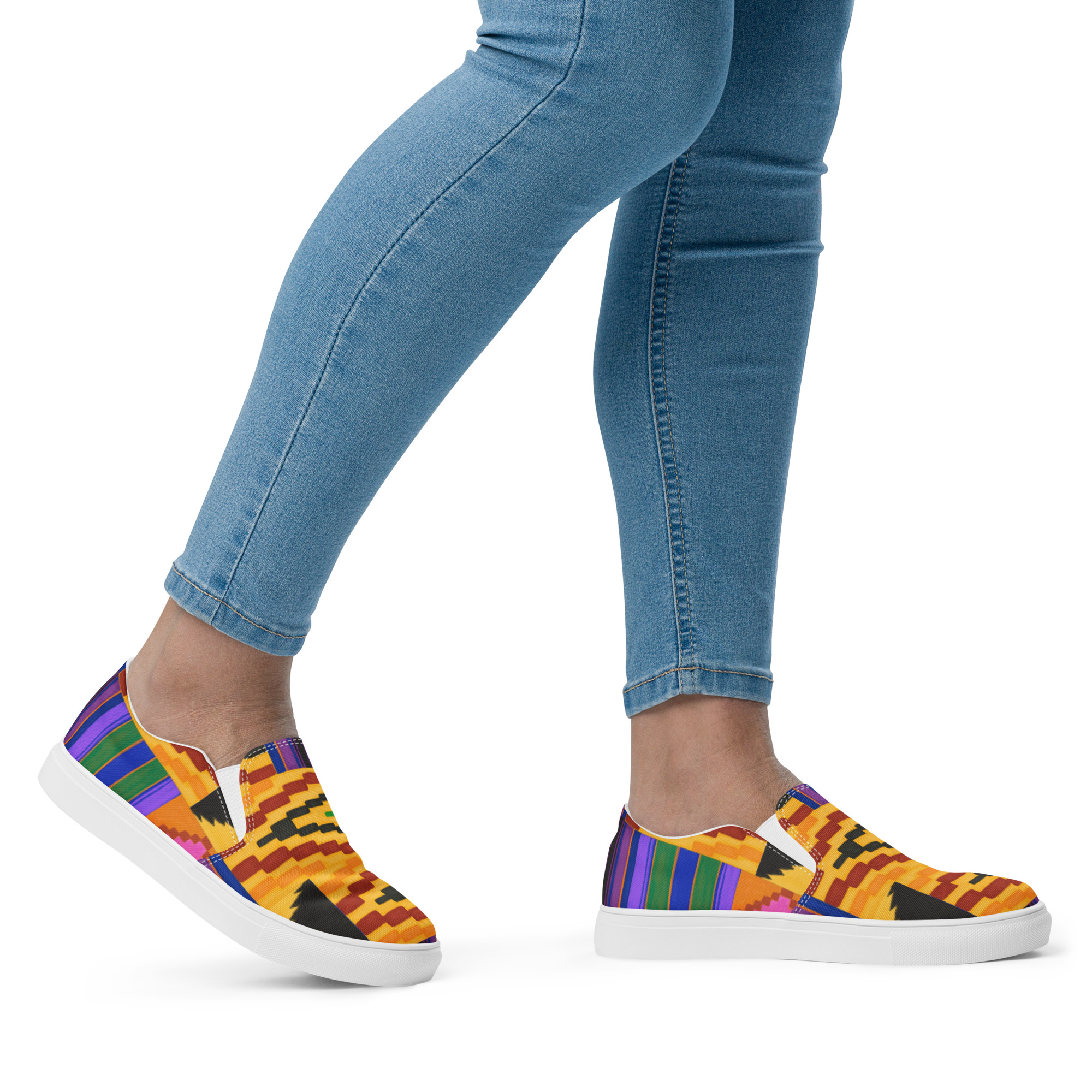 Yellow, Blue and Brown African Print Women’s slip-on canvas shoes - Image 3